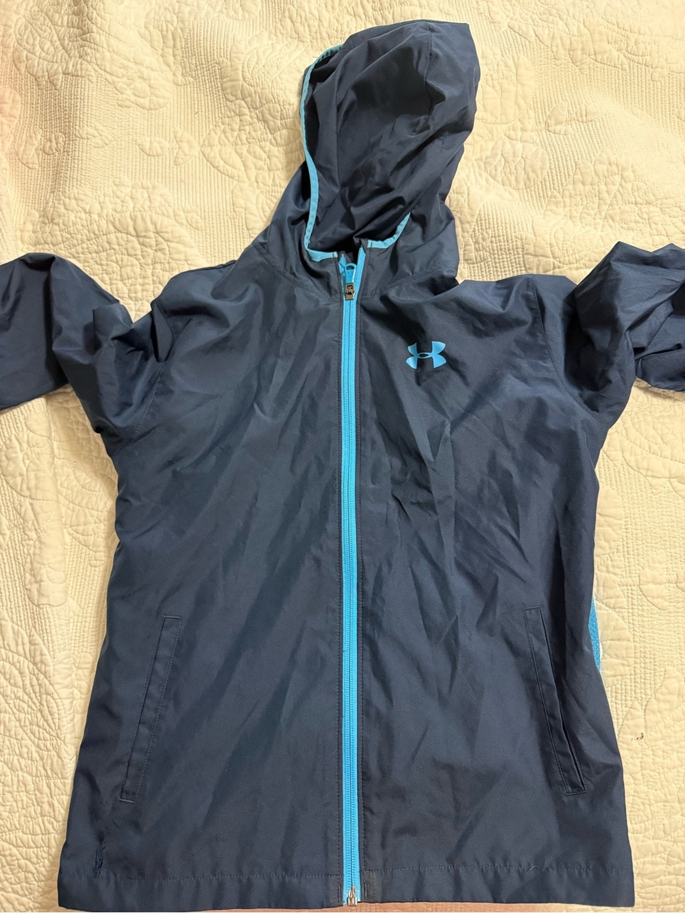 Under Armour Youth Navy Hooded Rain Jacket with Aqua Trim